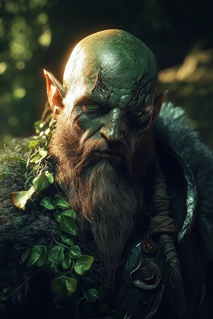 A fierce, green-skinned warrior with pointed ears and a long, bushy beard stares intensely at the viewer. His face is marked with scars and his eyes glow with a fierce intensity. He is dressed in dark furs and leather, and vines and leaves are woven through his clothes. The dark forest background adds to the sense of mystery and danger.  He looks powerful and dangerous, ready for battle.