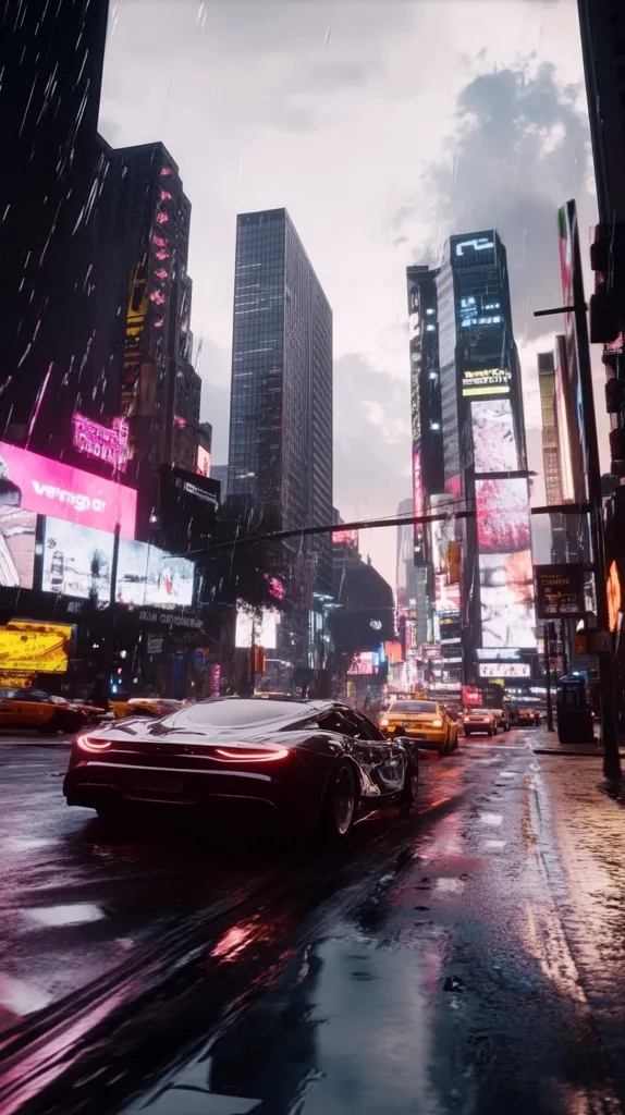 A black sports car drives down a wet street in a bustling city. The car's taillights glow brightly, contrasting with the dark and moody atmosphere. The city is shrouded in rain, creating a reflective surface on the road. Tall buildings, illuminated by neon signs, line the street. The scene evokes a sense of urban energy and dynamism.