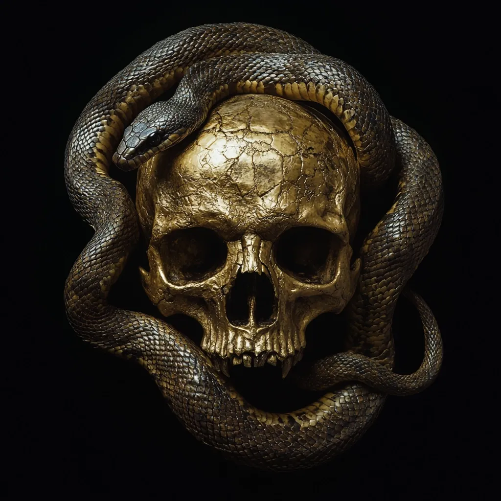 A golden human skull is encircled by a dark snake. The snake's scales are visible, creating a textured pattern against the smooth gold of the skull. The image evokes themes of mortality, danger, and the cycle of life. The black background emphasizes the contrast between the golden skull and the dark snake.  The image has a mysterious and slightly eerie feel.