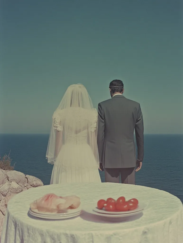 The image shows a bride and groom standing on a cliff overlooking the ocean. The bride is wearing a white wedding dress and veil, while the groom is in a dark suit. They are both looking out at the water. In the foreground, a white table with food is set. The image is vintage in style and the colors are muted.  The scene conveys a sense of tranquility and love.