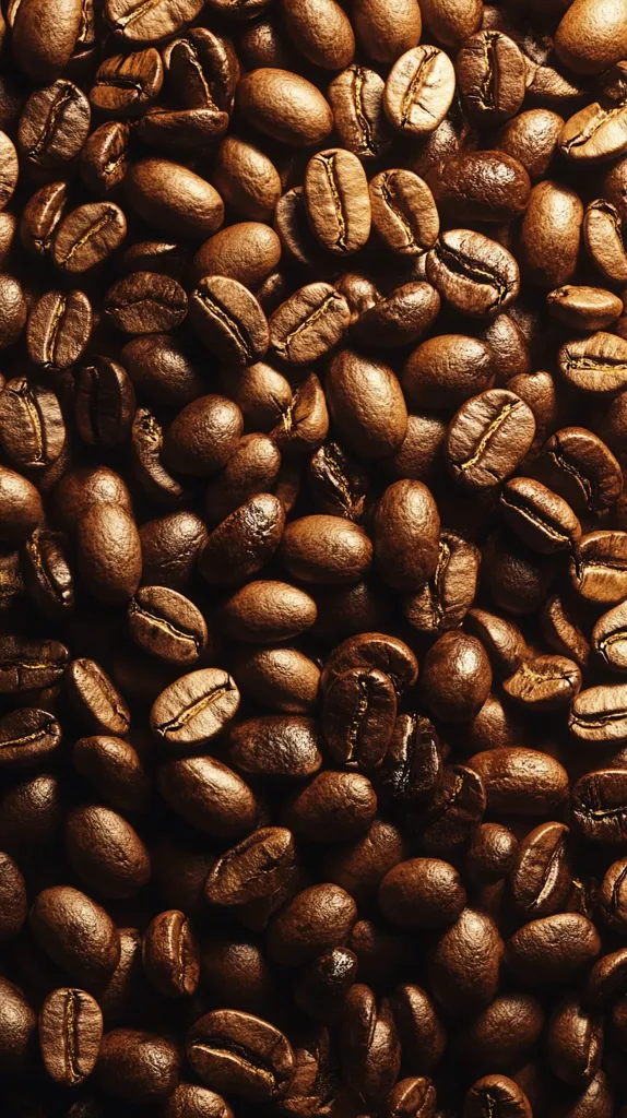 A close-up shot of a heap of roasted coffee beans. They are a rich brown color and have a glossy sheen. The beans are arranged in a seemingly random pattern, creating a textured and inviting image. The beans are a reminder of the aroma and flavor of freshly brewed coffee.