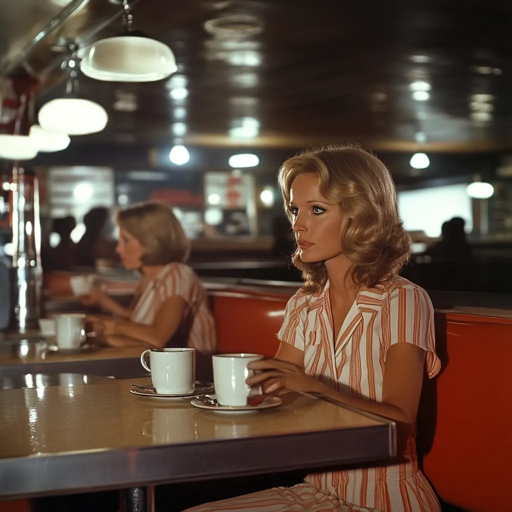 A woman with blonde hair sits in a diner booth, wearing a striped dress. Her hand rests on a table with two coffee cups and saucers. Another woman sits at a table in the background, looking at a menu. The diner is dimly lit, with a few overhead lights illuminating the scene.