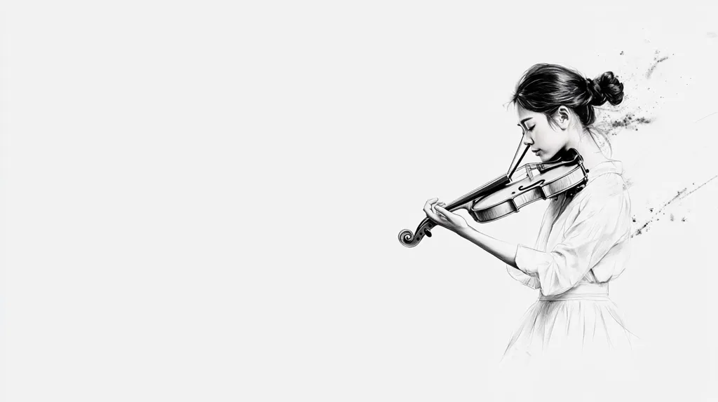 A black and white drawing of a woman playing the violin. She is dressed in a long, flowing gown and her hair is pulled back in a bun. She is looking down at the violin as she plays. The background is a simple white. The drawing has a very delicate and ethereal quality, and the woman's expression is one of focus and concentration. The drawing is likely meant to convey a sense of grace and beauty.