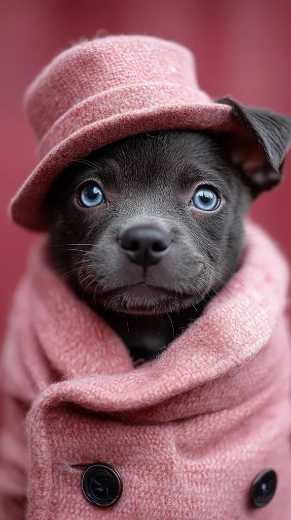 A black puppy with piercing blue eyes wears a pink hat and coat. The puppy is looking directly at the camera with a serious expression. The image is taken from a close-up perspective, focusing on the puppy's face and the details of the hat and coat.  The background is a blurred red color, creating a soft and warm ambiance.