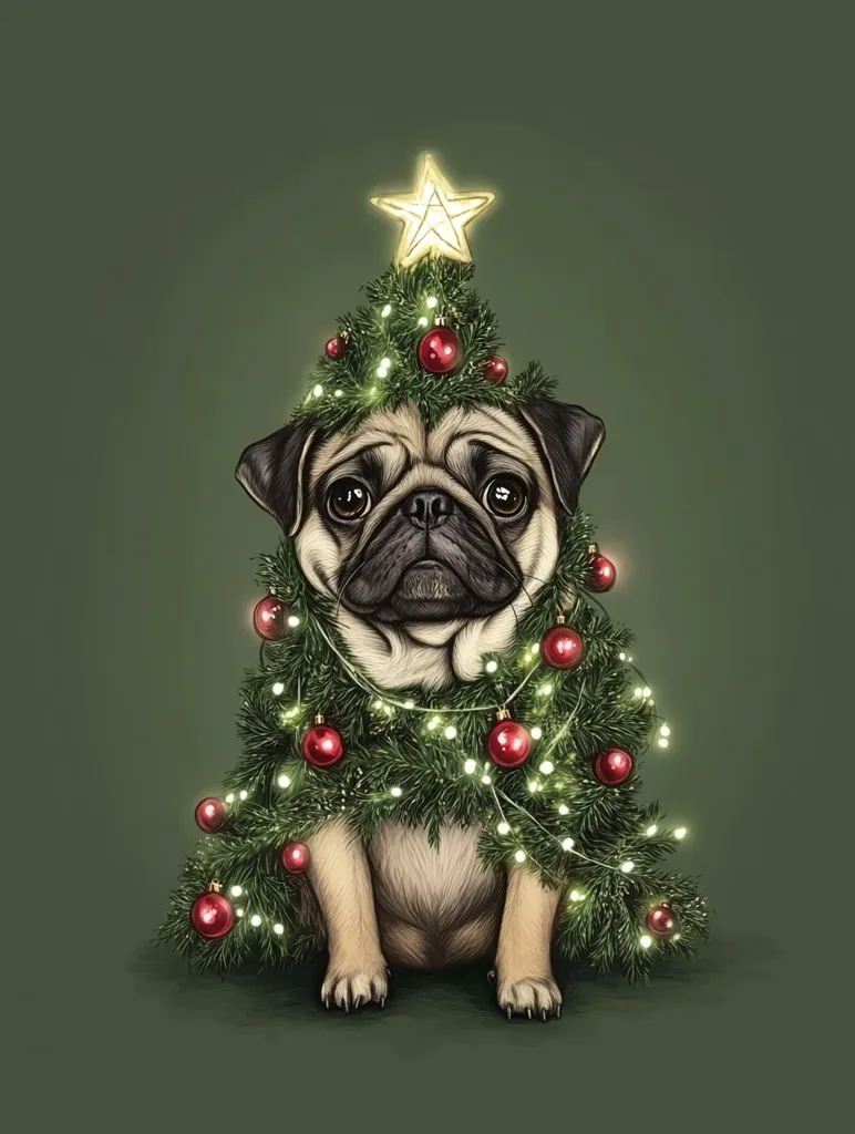 A pug dog is dressed as a Christmas tree. The dog is sitting on a green background and has a star on its head, with green pine branches and red baubles around its body.  The dog's face is cute and innocent, with big brown eyes, a black nose, and a wrinkled forehead. The image is drawn in a realistic style, with a focus on the dog's details.