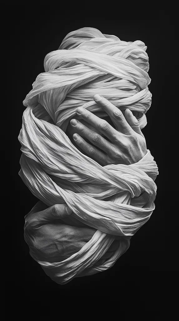A black and white image of a pair of hands wrapped tightly in a flowing white fabric. The fabric is draped and twisted, creating a sense of mystery and intrigue. The hands are partially visible, suggesting a hidden story or emotion. The composition is simple yet powerful, evoking feelings of both vulnerability and strength.