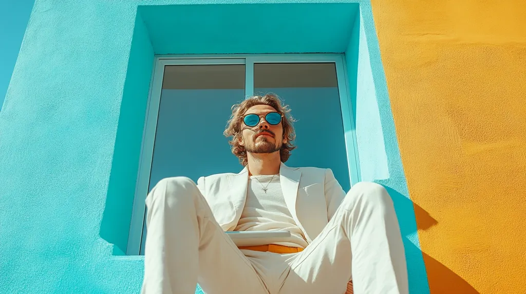 A man wearing a white suit and sunglasses sits in the opening of a window between a teal and yellow wall. He is looking up at the camera with a serious expression. The light is bright and the colors are saturated. The image has a cool and modern feel.
