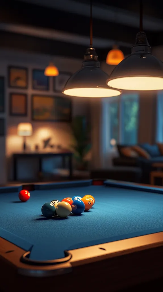 A pool table sits in a dimly lit room, with three hanging lamps casting a warm glow.  Eight billiard balls are clustered near the center of the blue felt, and a single red ball is slightly off to the left. The room is sparsely furnished with framed artwork on the walls and a couch in the background. The scene is a cozy and inviting atmosphere, perfect for a game of pool.