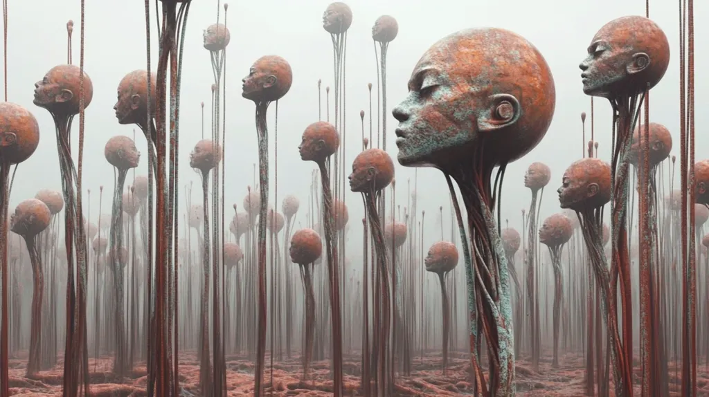 The image depicts a surreal landscape filled with tall, slender stalks topped with human-like heads. The heads are all facing upwards, with closed eyes and a serene expression. The stalks are made of interwoven, fibrous material and are a rusty brown color, blending into the foggy background. The image evokes a sense of mystery and otherworldliness.