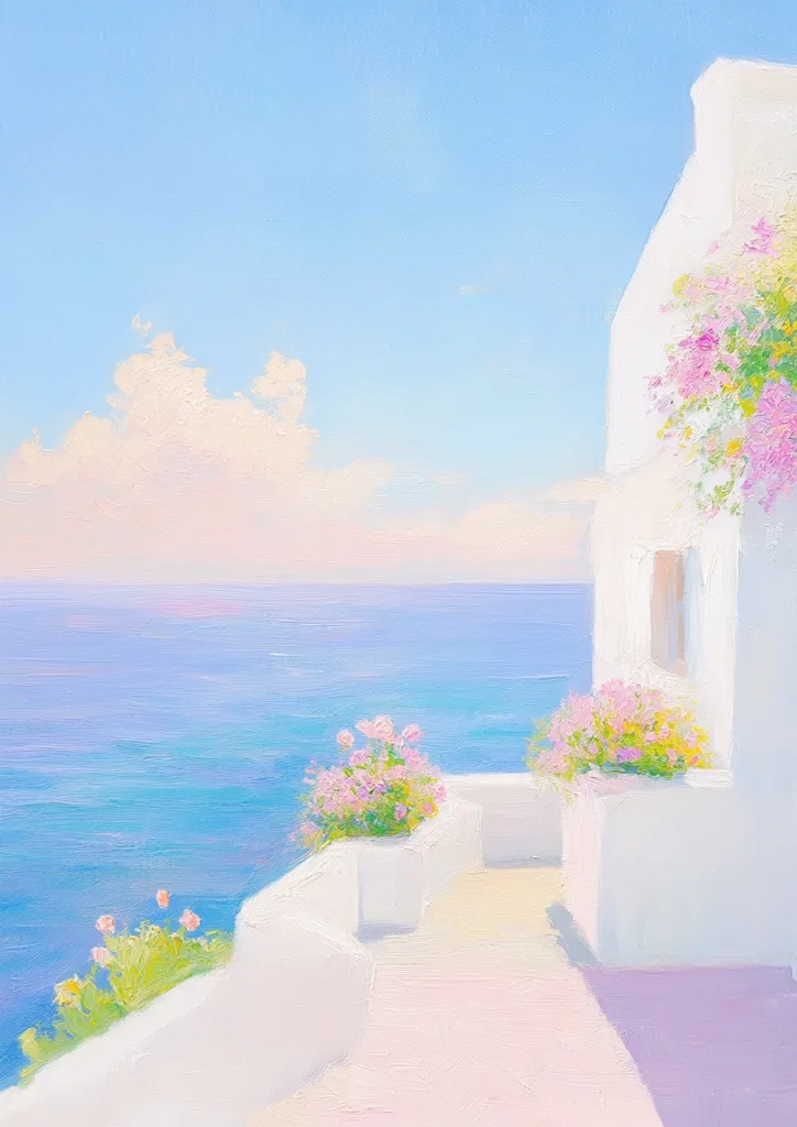 A pastel-colored painting of a white building with a balcony overlooking a blue ocean. The sky is a soft blue with a single white cloud, and the building is adorned with pink flowers. The overall mood is serene and peaceful, with a soft focus on the beauty of the natural world.