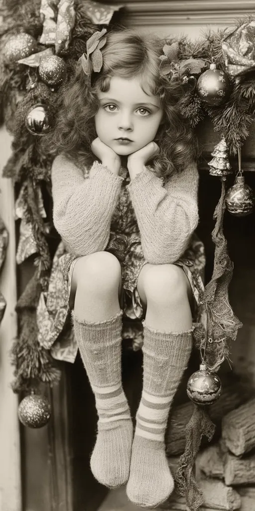 sepia photo of a vintage edwardian little girl sitting next to a christmas decorated fireplace --chaos 20 --ar 1:2 --style raw --personalize rqbg5vs --stylize 500 --v 6.1