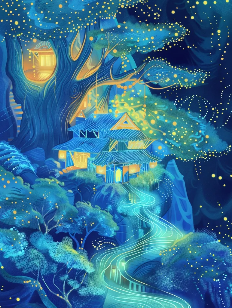 The image depicts a mystical scene with a glowing blue river winding through a lush forest. A traditional, multi-tiered house is nestled in the trees, illuminated by warm yellow lights. The foliage is painted with delicate, translucent brushstrokes, creating a dreamlike atmosphere. Tiny, yellow dots, resembling fireflies, twinkle throughout the image, adding to its enchanting quality.  The overall effect is a magical and serene vision of a hidden world.