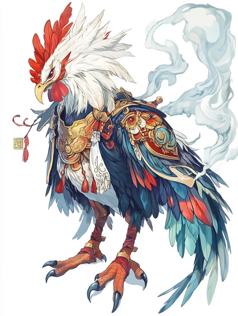 A rooster-like creature with a long, feathery tail and a white, feathery crest stands with one leg forward and its head tilted. It is adorned with colorful armor and has a small, red tassel hanging from its neck. A swirl of blue smoke floats behind it. The rooster is depicted in a detailed, almost whimsical style. The creature is fierce-looking with sharp, piercing eyes.  It has long, sharp claws and a strong beak. The entire image is rendered in vibrant, saturated colors that contribute to the fantasy feel.