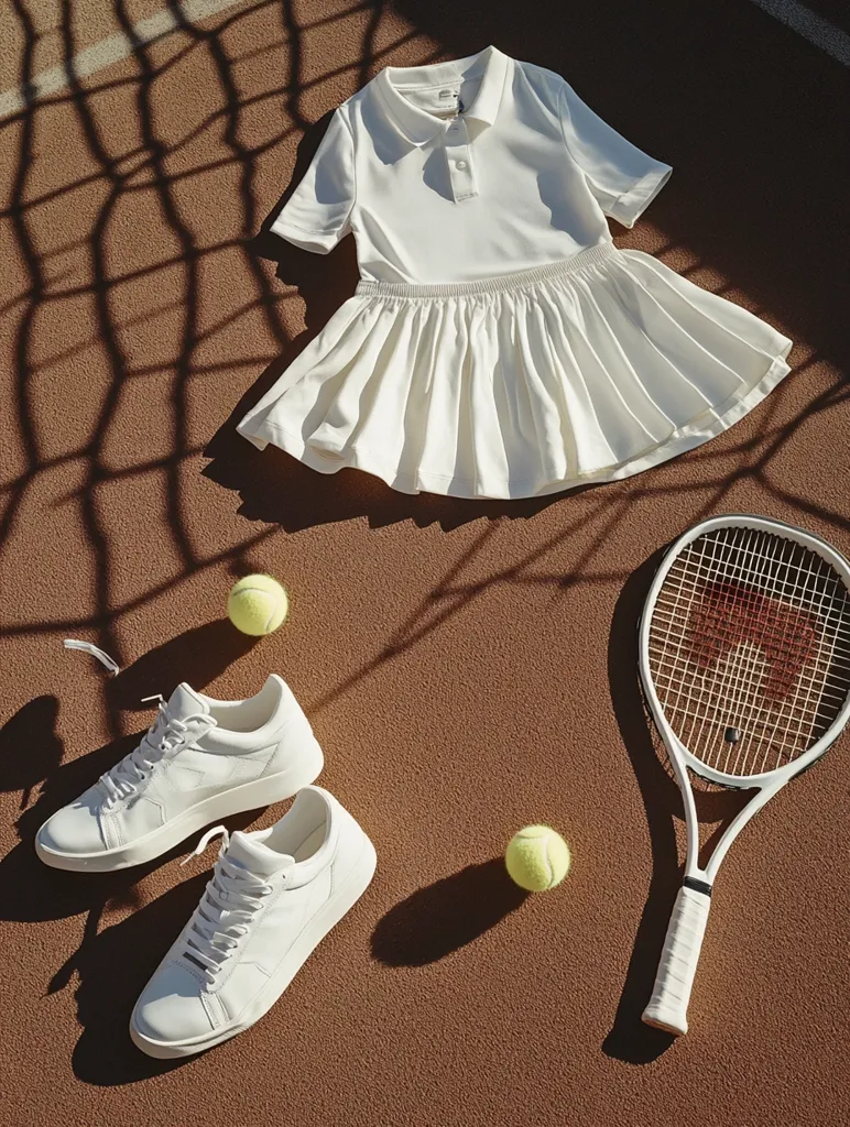 The image shows a white tennis outfit laid out on a tennis court. The outfit includes a collared shirt with short sleeves and a pleated skirt. White tennis shoes and two tennis balls are also included. A tennis racket lies on its side. All items are white, except for the tennis balls and the court surface. The scene evokes a sense of sporty elegance.