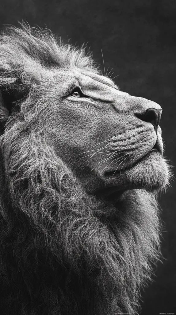 The image is a black and white portrait of a lion. The lion's head is tilted upwards, and its eyes are closed. Its thick mane is visible, and its whiskers are long and prominent. The image is taken in a dark setting, and the lion's fur appears textured and detailed. The overall feel of the image is majestic and powerful.