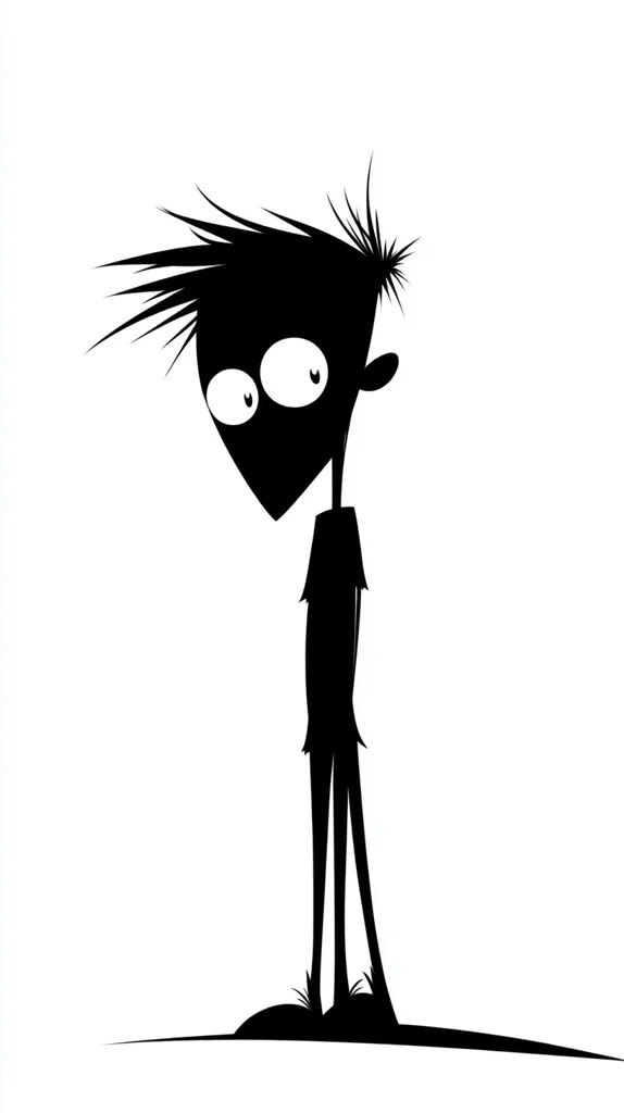The image is a black and white silhouette of a cartoon person with large eyes and spiky hair. The person is standing with its legs spread wide and is looking towards the left side of the image. The person is standing on a small hill. The image is drawn in a simple, cartoon style.