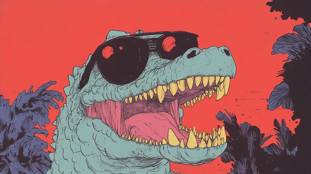 The image features a close-up of a cartoon alligator wearing sunglasses and baring its teeth. The alligator's head is in the foreground, with the background blurred and showing stylized plants. The overall aesthetic is vibrant and colorful, with a playful and humorous tone. The image evokes a sense of nostalgia and whimsy.