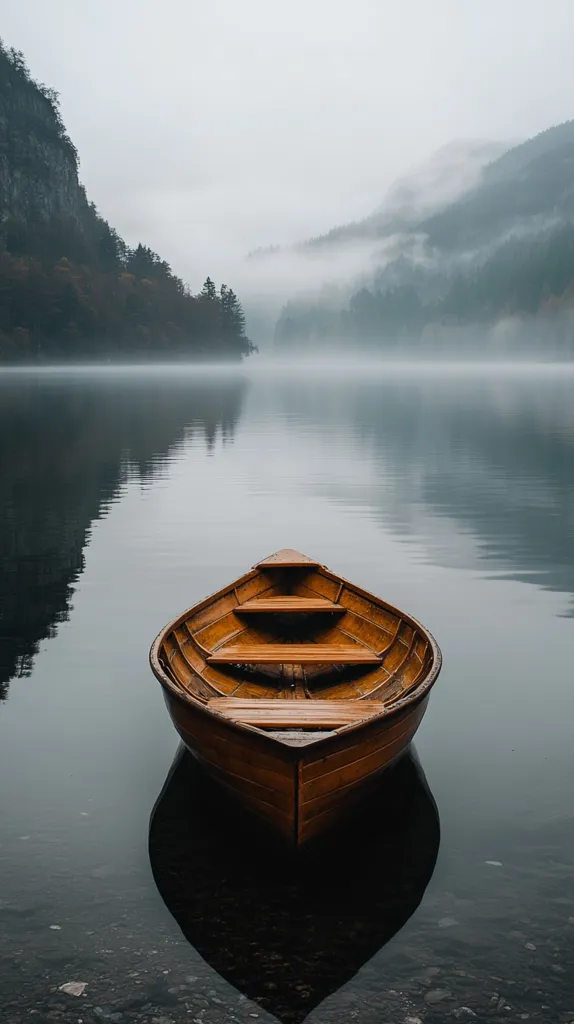 A wooden rowboat sits alone in a still lake, its reflection mirrored perfectly on the water. The surrounding mountains are shrouded in mist, creating a serene and atmospheric scene. The image evokes a sense of tranquility and solitude, inviting the viewer to imagine the boat's journey through the misty landscape.