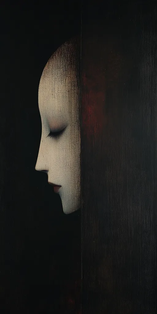 The image depicts a woman's face, painted in a dark and mysterious style.  Her eyes are closed, and her lips are slightly parted. She is partially obscured by a dark background, creating a sense of enigma and mystery. The texture of the painting is rough and textured, giving it a sense of depth and realism.  The overall feeling is one of melancholy and introspection.