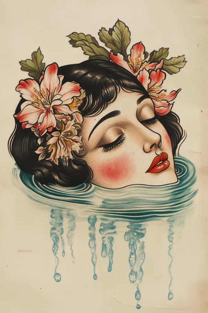 The image is a hand-drawn illustration of a woman with dark hair and closed eyes. She is wearing a crown of pink flowers and is submerged in rippling water. Her skin is flushed and her lips are red. The water has a blue-green hue and drips downwards, creating a sense of tranquility and serenity. The image is drawn in a traditional style, with delicate lines and soft shading.