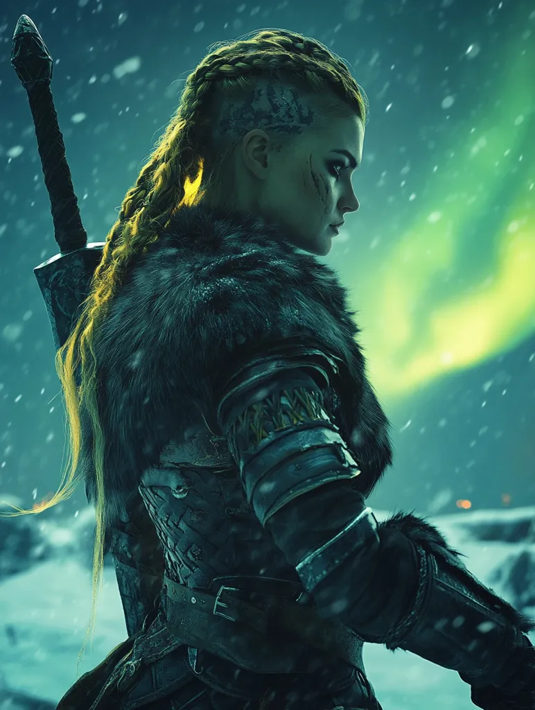 A female warrior, clad in furs and armor, stands with her back to the viewer, a sword at her side. She has long, braided blonde hair, and her face bears the marks of battle. The scene is set in a snowy, wintry landscape, with a green aurora borealis shimmering in the background. The image evokes a sense of strength, determination, and the harsh beauty of a Nordic world.