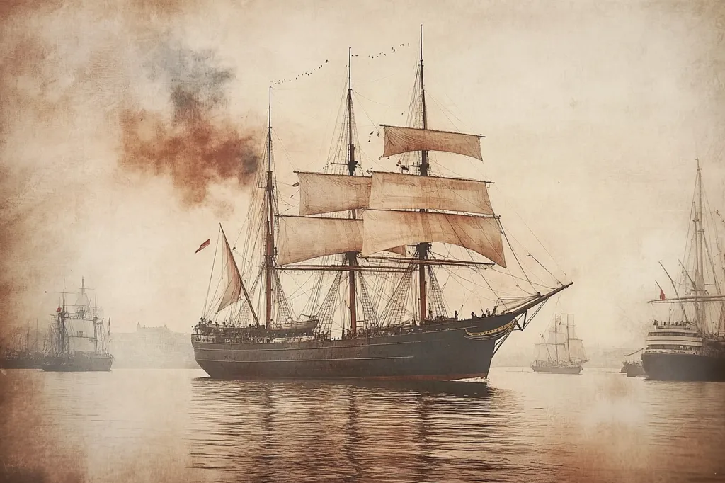 A large sailing ship with billowing white sails stands out in the foreground of this vintage-style painting. The ship is surrounded by a hazy, light brown atmosphere and other ships in the distance. The painting evokes a sense of history and adventure.