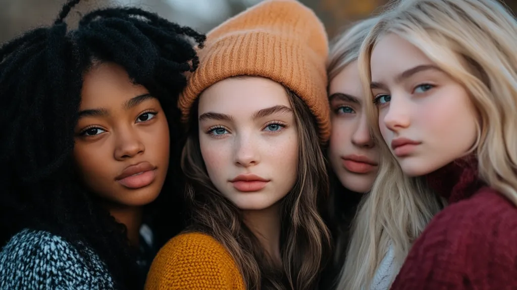 Four young women, each with distinct features and hairstyles, look directly at the camera. The woman on the left has dark skin and long, dark hair. The woman in the center wears an orange beanie and a mustard-colored sweater. The woman on the right has long, blonde hair and is wearing a maroon sweater. The woman behind her has long, blonde hair and is wearing a white sweater. They are all close together, their heads touching, creating a sense of intimacy.  They appear to be close friends.  The image has a soft focus and muted tones, adding to its warm and inviting feel.