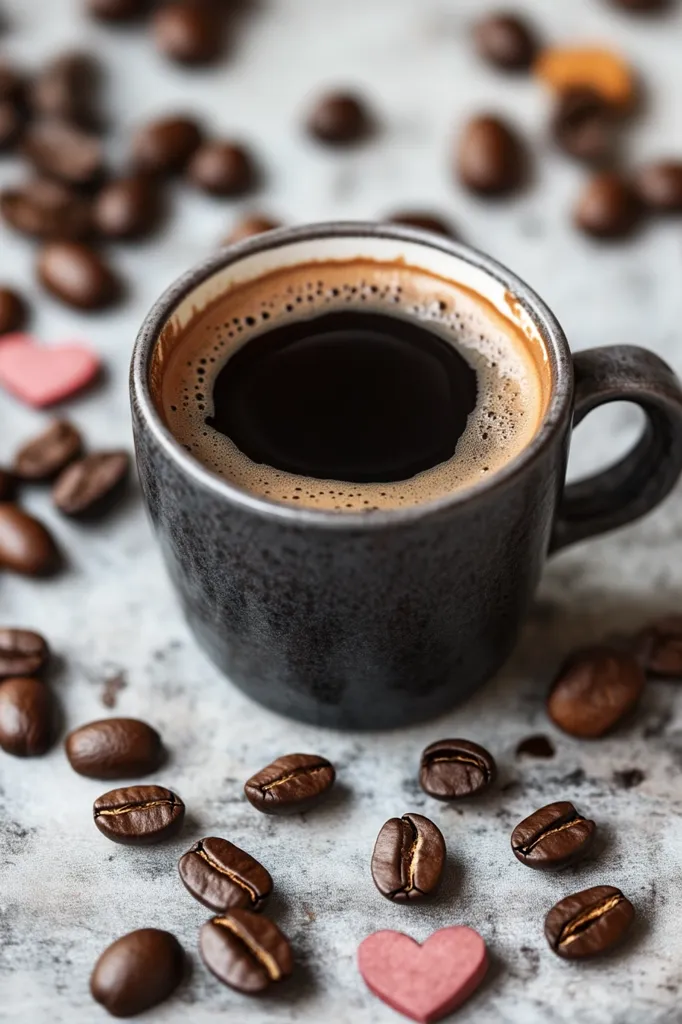 A close-up shot of a cup of coffee with a dark gray exterior, filled with black coffee. The coffee cup is surrounded by coffee beans and two pink hearts, creating a warm and inviting scene. The image focuses on the simplicity and richness of a coffee break, highlighting the aroma and texture of freshly brewed coffee. The natural light enhances the colors and details of the image.