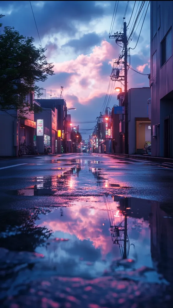 A narrow, wet street in a city with buildings lining both sides.  The sky is a vibrant pink and blue, reflecting in puddles on the asphalt.  There are power lines stretching down the street, leading to a lamppost with a streetlight.  A few cars are parked on the side of the street, and the buildings have windows with light shining through. The scene is calm and peaceful, with a hint of mystery.