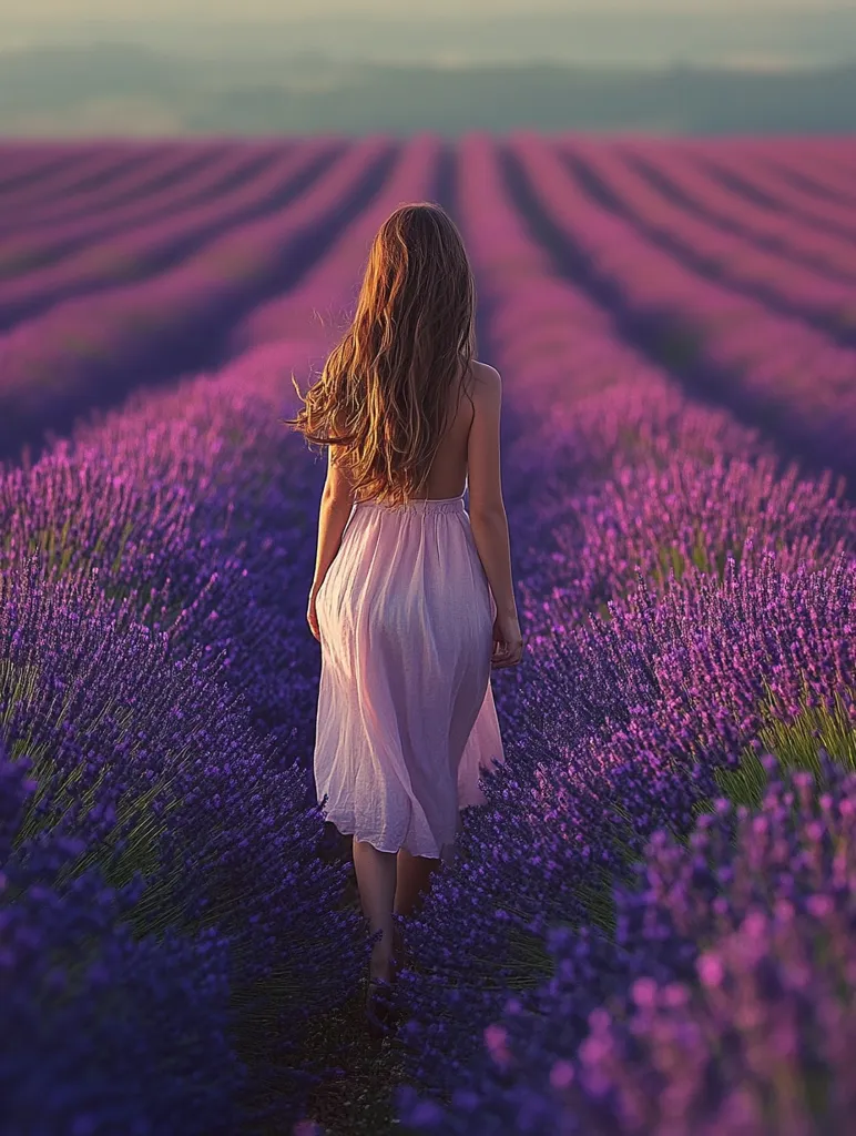A woman with long flowing brown hair, wearing a light pink dress, walks through a field of lavender. The lavender is in full bloom and the sun is setting, casting a warm glow over the field. The woman's back is to the camera, and she seems to be lost in thought as she walks through the beautiful field.  The image captures a sense of tranquility and peace.