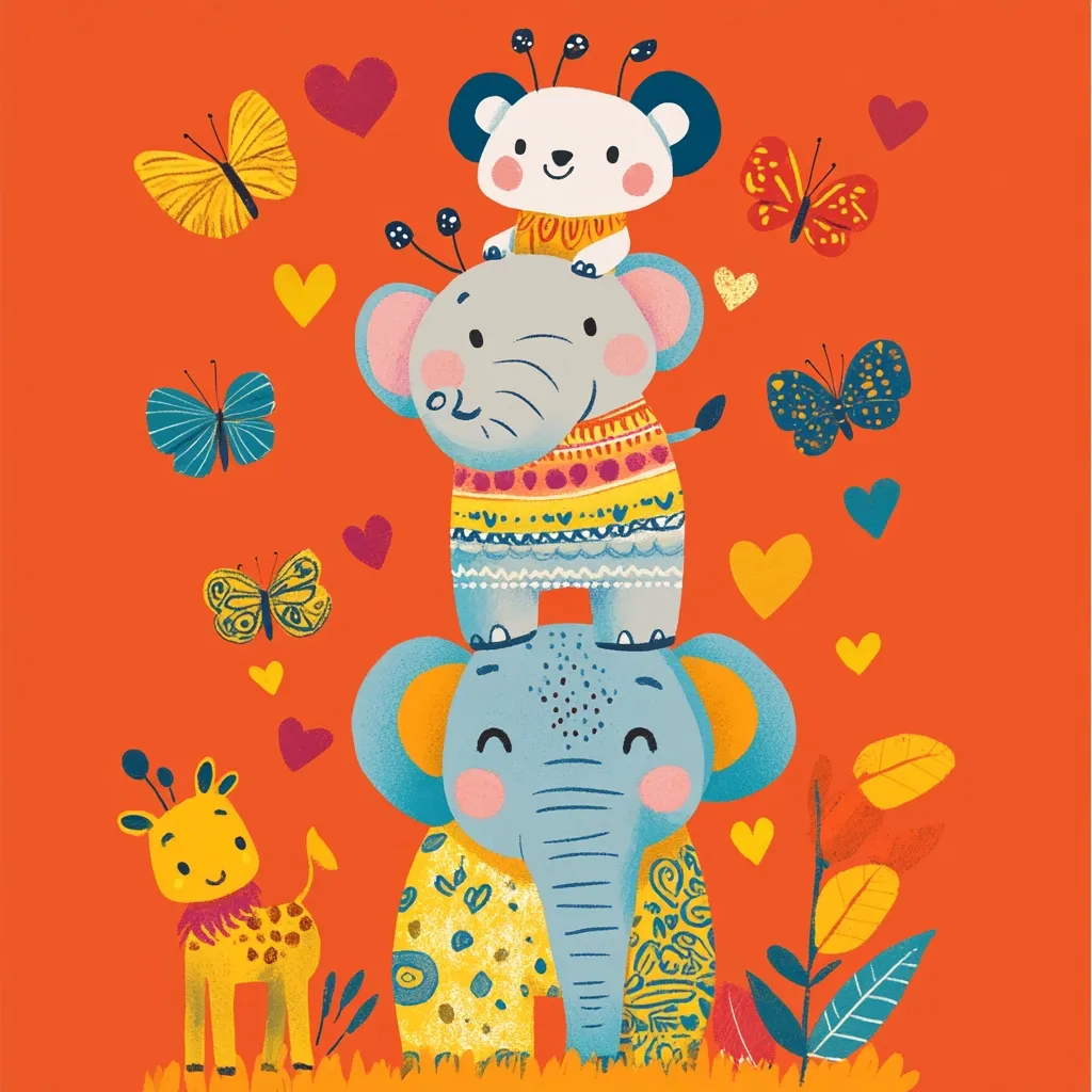 An orange background with a stack of three cartoon elephants, with the smallest elephant on top. A white bear with black eyes sits on top of the top elephant. A yellow giraffe stands next to the bottom elephant. There are many small hearts scattered across the background, as well as butterflies. The elephants and giraffe are all smiling.