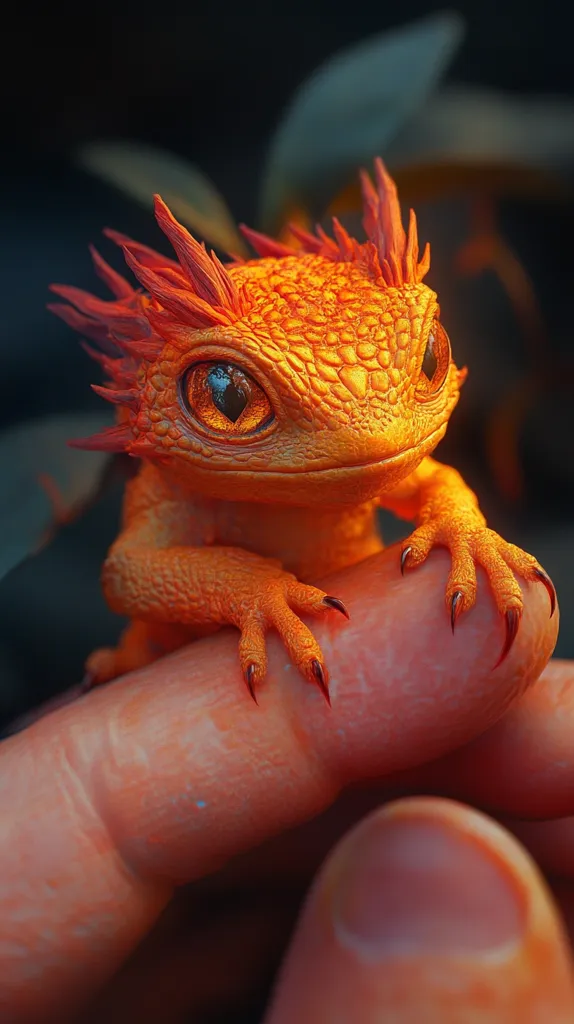 A small, orange, lizard-like creature with large eyes and a spiky, orange crest sits on a person's finger. The creature has sharp claws and a scaly texture. The background is blurred and out of focus.  The creature's eyes are staring directly at the viewer. The lighting is soft and warm.  The overall image evokes a sense of wonder and curiosity.