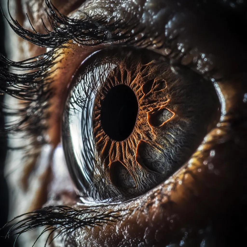 The image is a close-up of a human eye, with a focus on the iris. The iris is a beautiful brown color, with intricate patterns and details visible in the texture. The pupil is a black circle in the center of the iris, and the surrounding sclera is a light grey. The eyelashes are long and dark, and the eye is slightly closed. The image is taken in a dark and dramatic setting, with the light highlighting the details of the eye.