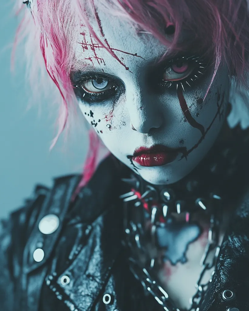 A close-up portrait of a young woman with pink hair, dressed in a black leather jacket and adorned with a spiked collar and chains. Her face is heavily made-up, with white paint, red lipstick, and fake blood creating a disturbing and slightly sinister look. She appears to be looking directly at the camera with a cold and unreadable expression. The lighting is dark and moody, highlighting the sharp angles of her face and the harshness of her makeup. The overall image creates a sense of danger and mystery.