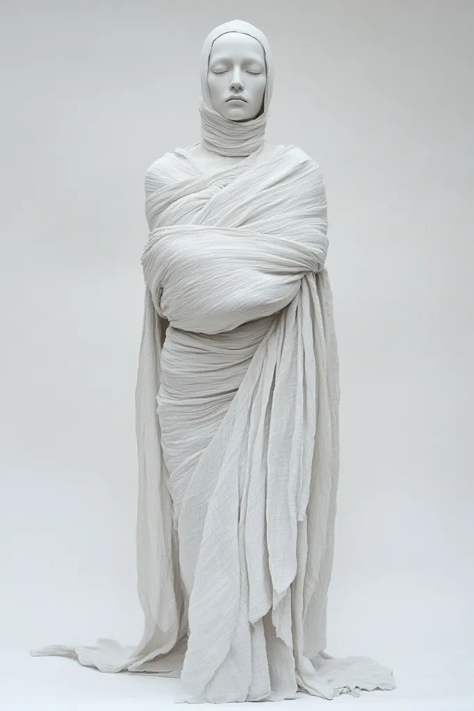 A white, life-size sculpture of a woman, wrapped entirely in a long, flowing fabric garment. The fabric is folded and draped in a complex pattern, creating a sense of mystery and intrigue. The woman's face is serene and her eyes are closed, suggesting a state of contemplation or peace. The overall composition is minimalist and stark, with a focus on form and texture.