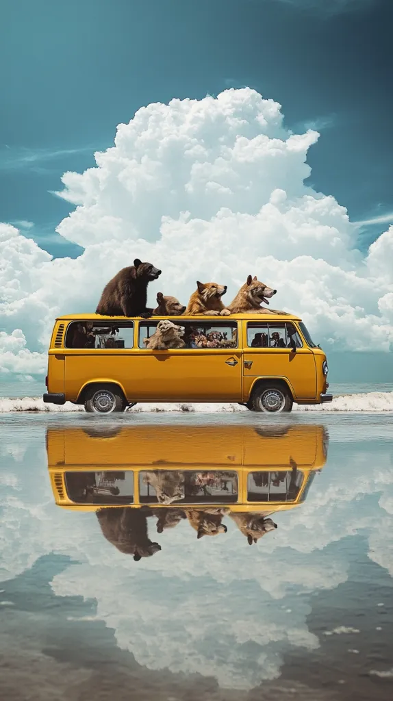 A yellow van is driving on a beach with a large white cloud in the background. The van is filled with various animals, including a bear, wolves, and a dog. The animals are looking out the windows, enjoying the ride. The van's reflection is mirrored in the water below.  The scene is playful and whimsical.