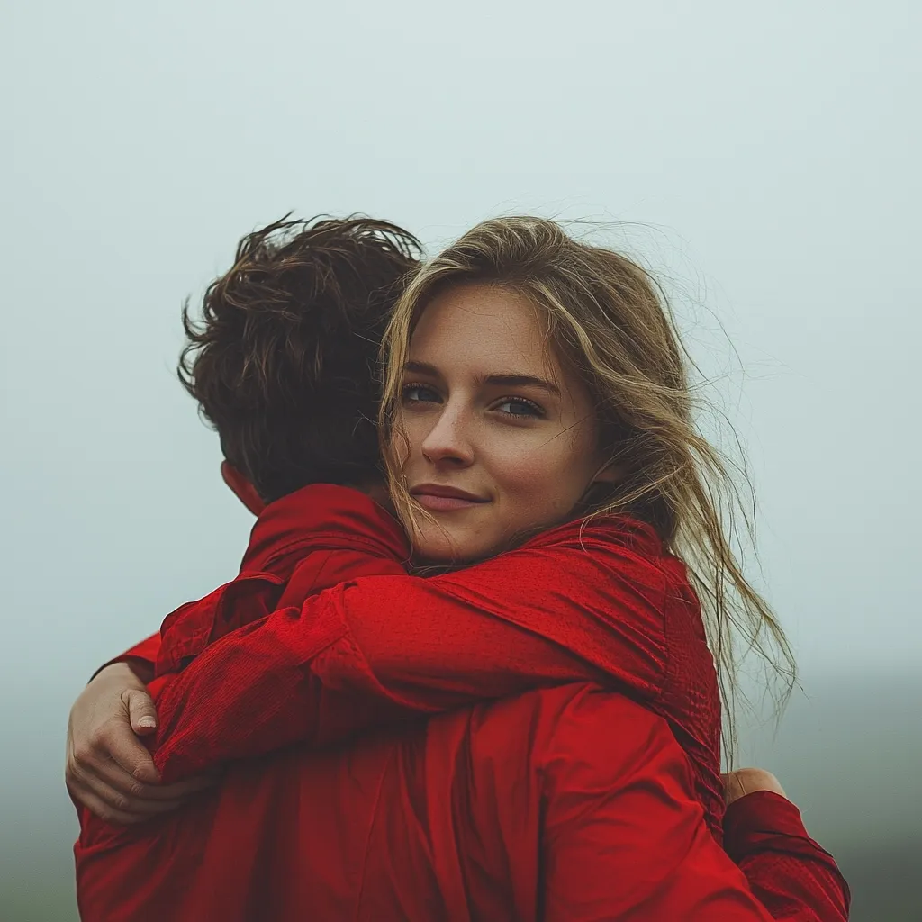 A young woman with long blonde hair is wrapped in a warm embrace by a man wearing a red jacket. She looks directly at the camera with a gentle smile, her eyes sparkling with happiness. The couple is standing against a hazy, overcast sky, creating a romantic and intimate mood. Their love and connection are evident in the tender embrace.