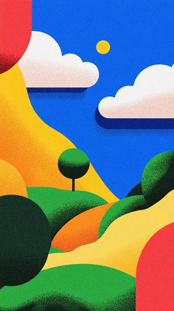 The image depicts a stylized landscape with a bright blue sky, two fluffy white clouds, and a small yellow sun. The foreground features a rolling hillside with green, yellow, and orange colors, with a single tree in the middle. The right side of the image features a red and yellow shape reminiscent of a hill. The image is drawn in a minimalist, geometric style.