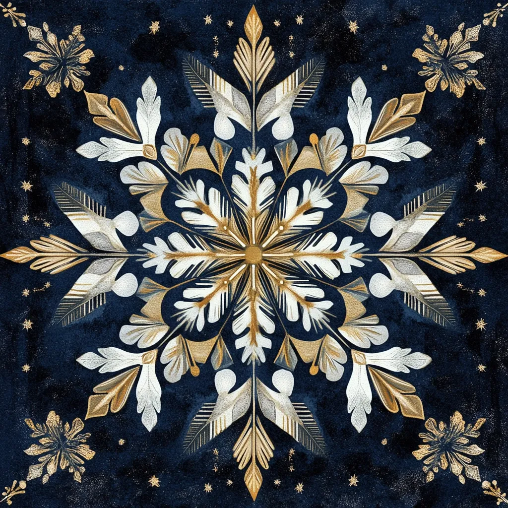 A large, intricate snowflake with a white center and gold edges is the focal point of the image. It is set against a dark blue background with a scattering of tiny gold stars. The snowflake is symmetrical and features delicate patterns that create a sense of intricate detail.  The image has a wintery, almost magical feel.