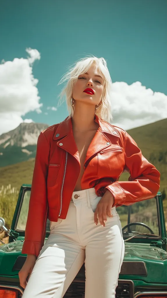 A blonde woman with red lipstick leans against a green jeep. She wears a red leather jacket and white pants. The sky is blue with white clouds, and there is a mountain in the background.  She has a confident expression. The image has a vintage, almost retro feel to it.