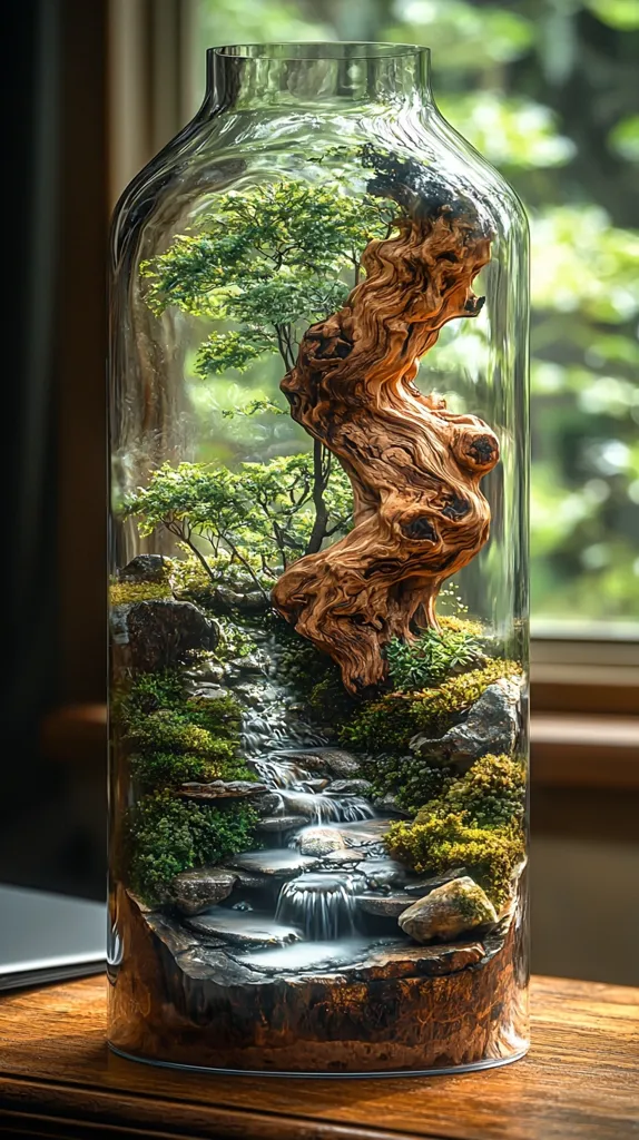 A glass jar terrarium with a miniature forest scene. A small tree with green leaves grows alongside a gnarled wooden branch. A waterfall cascades down moss-covered rocks, creating a serene and peaceful atmosphere. The jar is placed on a wooden surface, providing a contrast of textures and colors.  The scene is a testament to the beauty and wonder of nature, captured in a small, self-contained ecosystem.