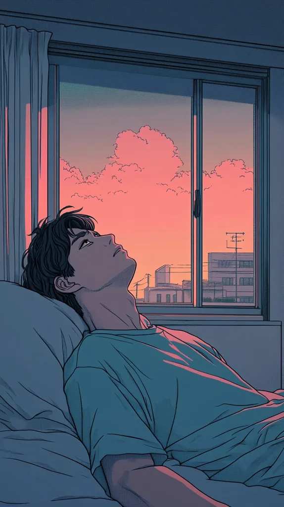 A young man lies in bed, looking out a window at a pink-hued sunset. The scene is rendered in a minimalist, cartoon style. The man's expression is melancholic, suggesting introspection or a feeling of longing. The warm colors of the sunset contrast with the cool blue tones of the room, creating a sense of both peace and sadness.