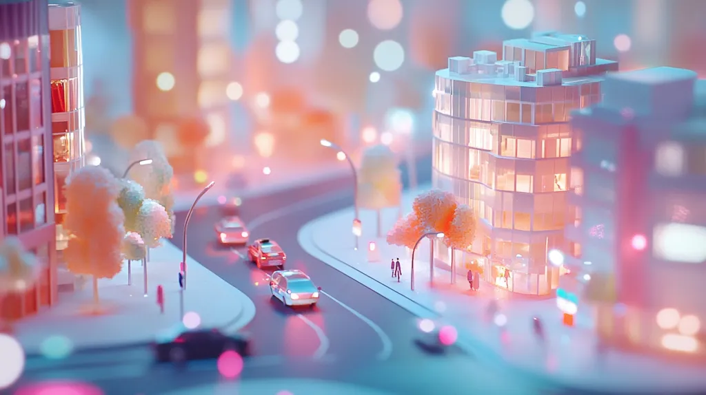 A miniature city scene with white buildings, small trees, and tiny cars driving on the streets. The city is bathed in a warm, pink and blue light, giving it a dreamlike quality. The background is blurred, emphasizing the miniature scale of the scene. The overall impression is one of a playful and whimsical city, perhaps created for a child's imagination.