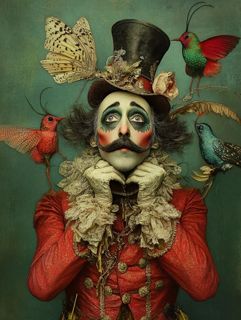 A man with a whimsical expression and dramatic makeup, wears a large, ornate top hat decorated with flowers and a butterfly. He's dressed in a bright red jacket with gold accents and lace trim. He has his hands clasped together in front of him, and three birds are perched on his shoulders and hat, adding to the surreal nature of the image. The green background enhances the overall whimsical feel.