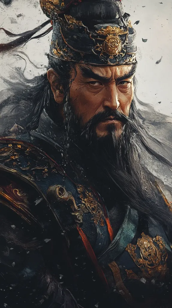 The image depicts a man in a dark blue and gold-trimmed robe. He has a long, thick beard and a serious expression. He wears a golden crown with intricate details on top of his long black hair. The background is a blurred abstract painting of gray and white. The image is likely a depiction of a historical or mythological figure.