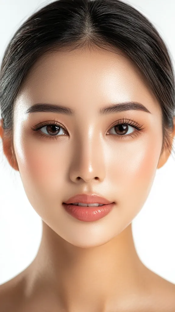 The image shows a close-up portrait of a young woman with long black hair. She has fair skin, light brown eyes, and a soft, natural makeup look. Her lips are painted a light pink shade. The image is likely intended to showcase her beauty and promote products related to skincare, makeup, or cosmetics.  The background is a simple white, allowing the focus to be on her face.