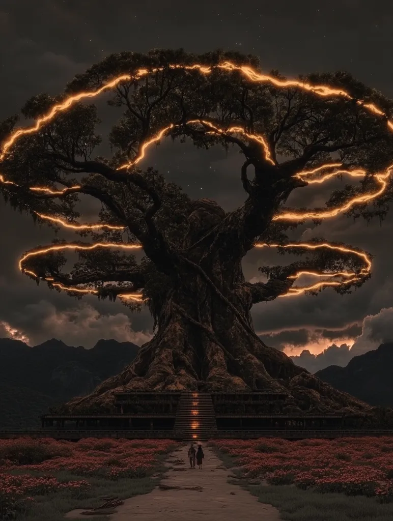 A large, ancient tree stands tall against a dark, starry sky. The branches are illuminated by a soft, glowing light that resembles a network of intricate pathways. Below the tree, a couple walks along a path towards a structure hidden within its base. Surrounding the scene are lush, red flowers and a distant mountain range, creating an ethereal and mystical atmosphere.