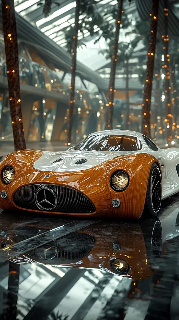 A sleek, white and orange sports car with a woodgrain finish sits in a futuristic, indoor setting. The car's headlights illuminate the reflective, wet floor, creating a distorted reflection. The background features tall palm trees with glowing lights and a modern, geometric structure, suggesting an urban environment. The image has a sleek and futuristic feel, emphasizing the car's design and the vibrant colors.