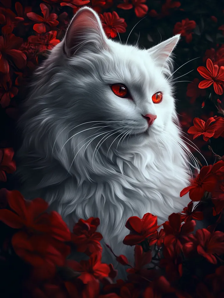 A white cat with piercing red eyes sits surrounded by a sea of vibrant red flowers. Its fluffy fur contrasts sharply with the bold, crimson blooms, creating a captivating visual. The cat's gaze is intense and focused, adding a sense of mystery and intrigue to the scene. The flowers, while beautiful, seem to be encroaching on the cat's space,  creating an almost menacing atmosphere.