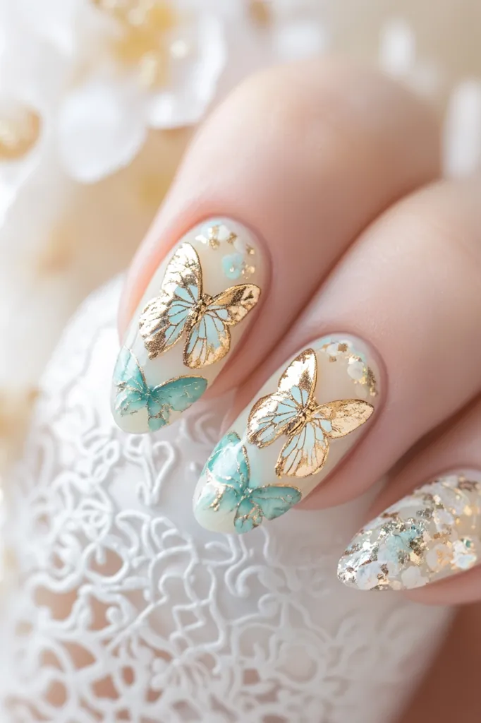 A hand with four fingers is shown with long oval-shaped nails. The nails are painted in a light beige color and decorated with gold and light blue butterflies. The butterflies are delicate and have intricate designs. The hand is resting on a white lacy surface.